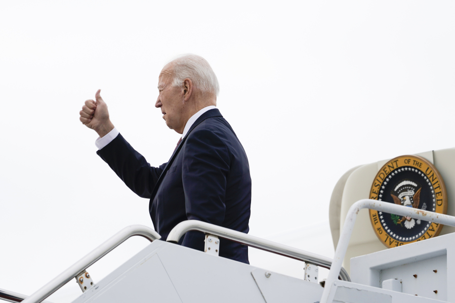 President Joe Biden boards Air Force One at Delaware Air National Guard Base in New Castle, Del., on Monday, Jan. 8, 2024. Biden is traveling to Charleston, S.C., to deliver remarks at Mother Emanuel AME Church, where nine worshippers were killed in a mass shooting by a white supremacist in 2015.