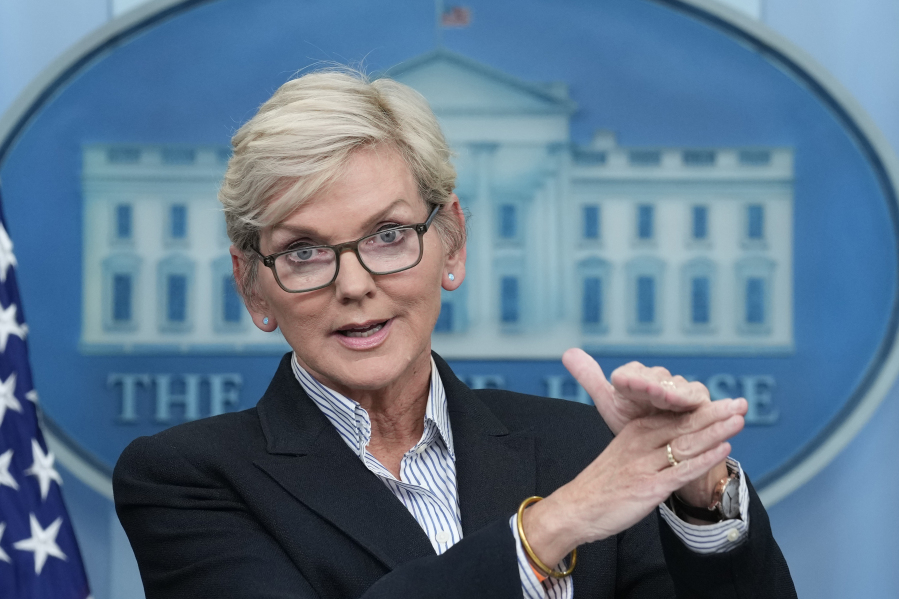 FILE - Energy Secretary Jennifer Granholm speaks during the daily briefing at the White House in Washington, Jan. 23, 2023. The Biden administration is delaying consideration of new natural gas export terminals in the United States, even as gas shipments to Europe and Asia have soared since Russia&rsquo;s invasion of Ukraine.