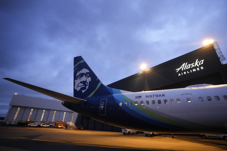 An Alaska Airlines Boeing 737 Max 9 awaits inspection at the airline&rsquo;s hangar at Seattle-Tacoma International Airport on Jan. 10.