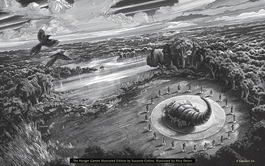 This image released by Scholastic shows an image by Nico Delort from the illustrated edition of &ldquo;The Hunger Games,&rdquo; publishing on Oct. 1, 2024.
