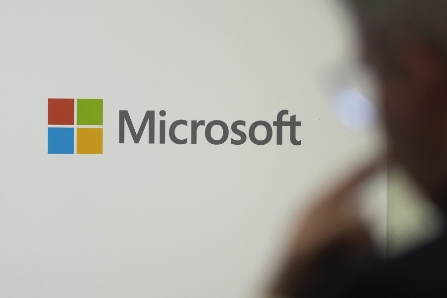 A logo of Microsoft is displayed during an event at the Chatham House think tank in London, Monday, Jan. 15, 2024.
