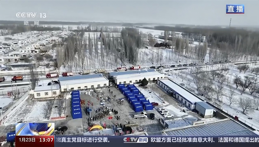 This image taken from video footage run by China&rsquo;s CCTV,  shows temporary shelters near the epicenter in Aksu prefecture, China&rsquo;s Xinjiang following an earthquake Tuesday, Jan. 23, 2024. A strong earthquake struck China&rsquo;s far western Xinjiang region early Tuesday, knocking out power and destroying homes, local authorities and state media reported.