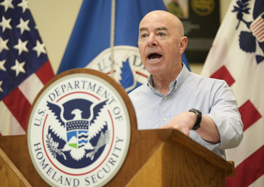 Secretary of Homeland Security Alejandro Mayorkas speaks at a news conference at the U.S. Border Patrol South Station in Eagle Pass, Texas, Monday, Jan. 8, 2024.