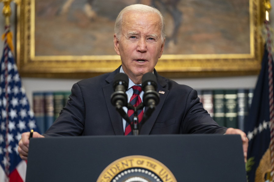 FILE - President Joe Biden speaks on student loan debt forgiveness, in the Roosevelt Room of the White House, Oct. 4, 2023, in Washington. The Biden administration will start canceling student loans for some borrowers starting in February as part of a new repayment plan. Cancellation was originally set to begin in July under the new SAVE repayment plan, but it&rsquo;s being unrolled ahead of schedule to provide faster relief to borrowers.