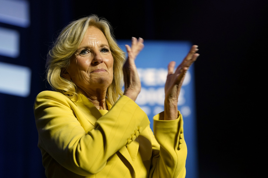 First lady Jill Biden speaks before President Joe Biden appears at an event on the campus of George Mason University in Manassas, Va., Tuesday, Jan. 23, 2024, to campaign for abortion rights, a top issue for Democrats in the upcoming presidential election.