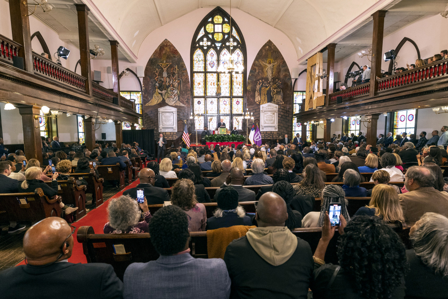 President Joe Biden delivers remarks at Mother Emanuel AME Church in Charleston, S.C., Monday, Jan. 8, 2024, where nine worshippers were killed in a mass shooting by a white supremacist in 2015.