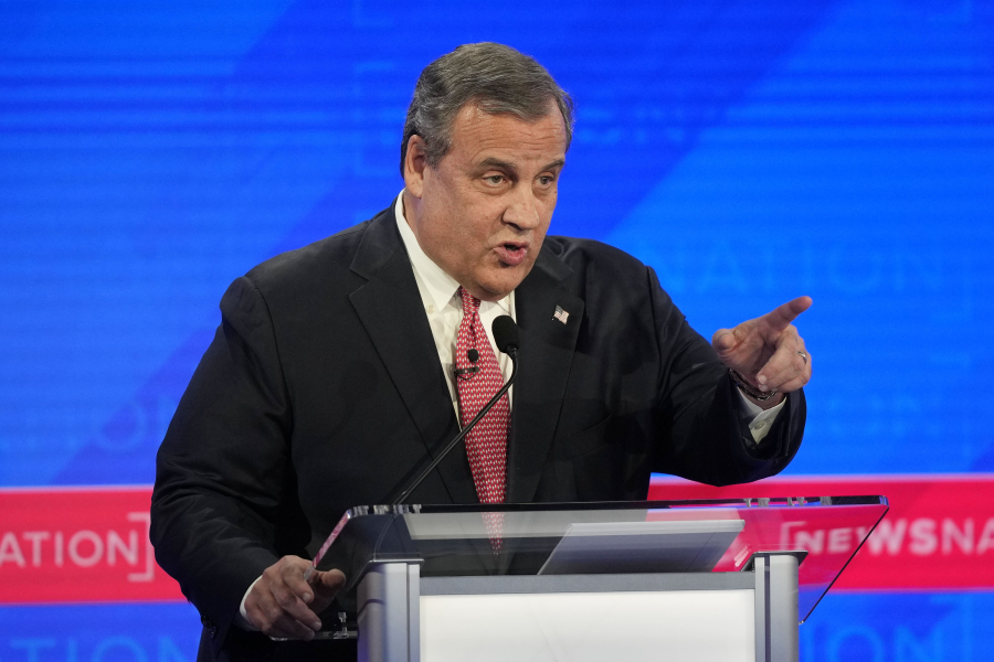 FILE - Republican presidential candidate former New Jersey Gov. Chris Christie gestures during a Republican presidential primary debate hosted by NewsNation, Dec. 6, 2023, at the Moody Music Hall at the University of Alabama in Tuscaloosa, Ala.
