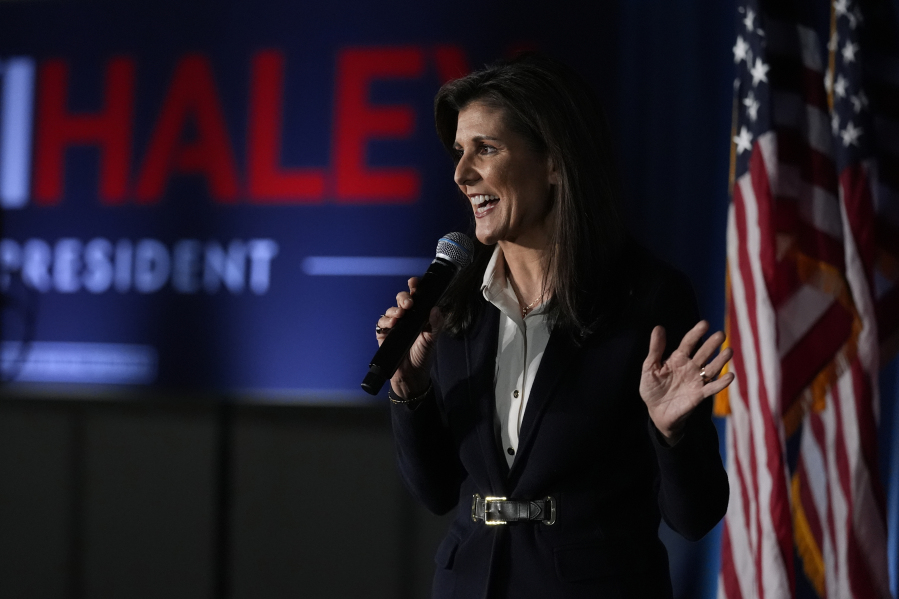 Republican presidential candidate former UN Ambassador Nikki Haley during a campaign rally, Friday, Jan. 19, 2024, in Manchester, N.H.