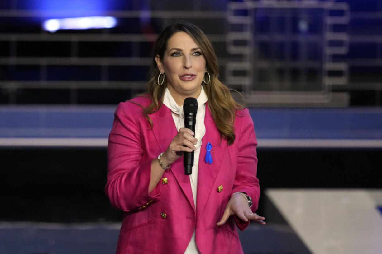 FILE - Republican National Committee chair Ronna McDaniel speaks before a Republican presidential primary debate hosted by NBC News, Nov. 8, 2023, in Miami. The RNC is meeting behind closed doors in Las Vegas, but top party officials will no longer consider a resolution proposed to declare former President Donald Trump the presumptive Republican nominee. McDaniel suggested last week that Haley had no path to the nomination in light of Trump&rsquo;s majority vote totals in the Jan. 15 Iowa caucuses and the Jan. 23 New Hampshire primary.