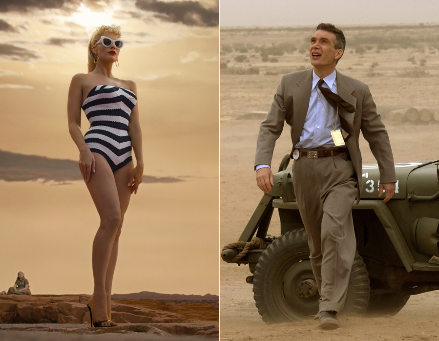 This combination of images shows Margot Robbie in a scene from &ldquo;Barbie,&rdquo; left, and Cillian Murphy in a scene from &ldquo;Oppenheimer.&rdquo; (Warner Bros Pictures/Universal Pictures via AP)