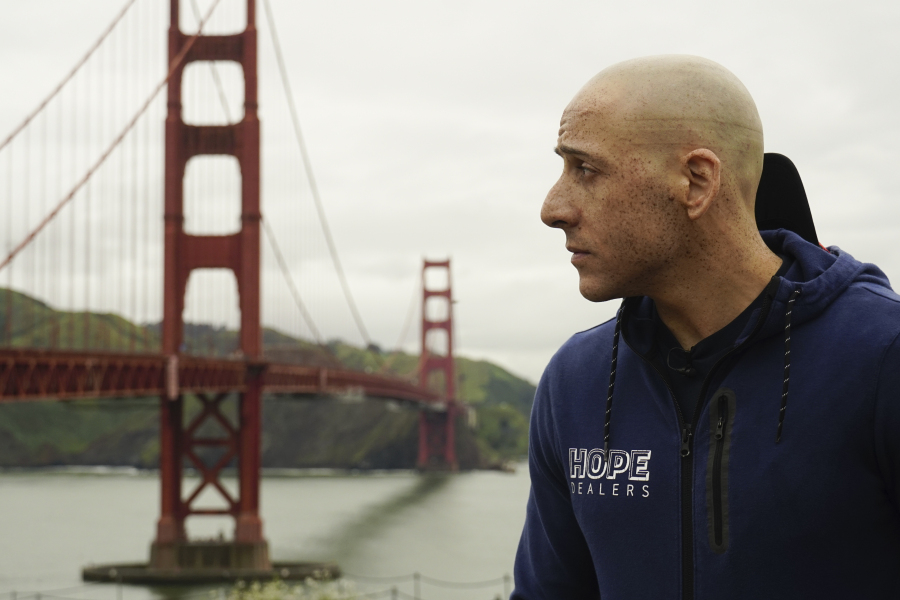 Kevin Hines looks toward the Golden Gate Bridge in San Francisco in May of 2019. Hines miraculously survived his suicide attempt from the bridge at age 19 in September 2000 as he struggled with bipolar disorder.