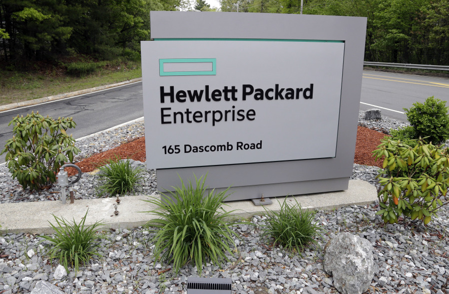 FILE - A sign marks the entry way into Hewlett Packard Enterprise, May 24, 2016, in Andover, Mass. Hewlett Packard Enterprise disclosed Wednesday, Jan. 24, 2024, that suspected state-backed Russian hackers broke into its cloud-based email system and stole data from cybersecurity and other employees.