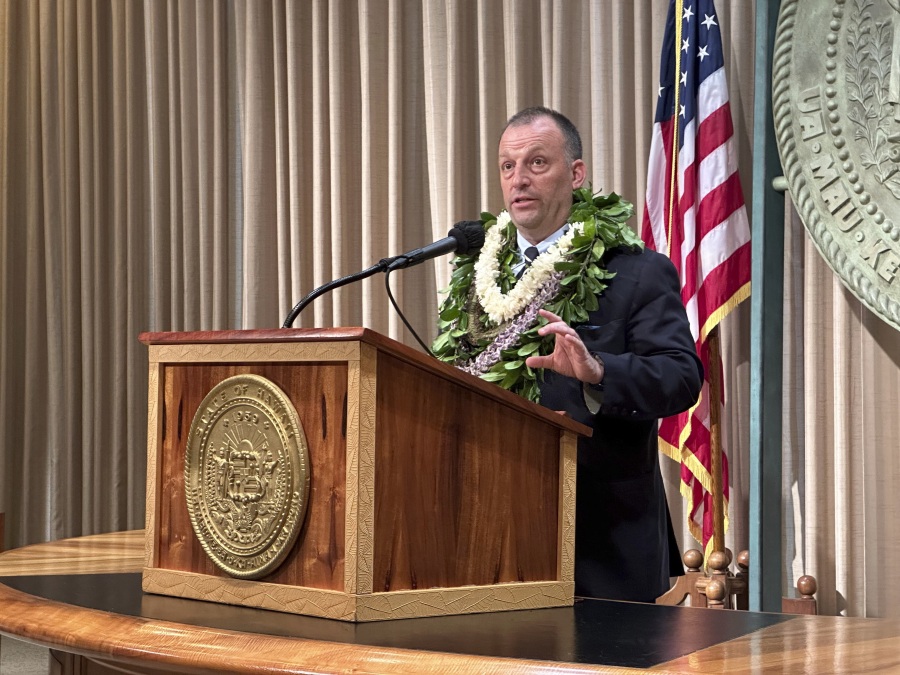 Hawaii Gov. Josh Green speaks to reporters in Honolulu on Monday, Jan. 22, 2024, after delivering his State of the State address at the Hawaii State Capitol.