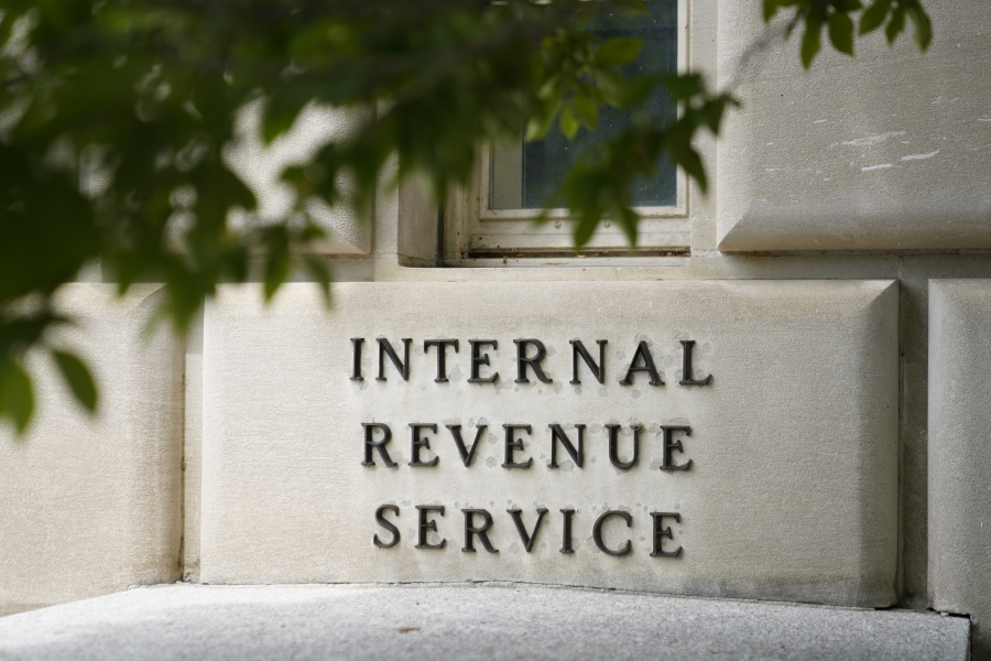 FILE - A sign outside the Internal Revenue Service building is seen, May 4, 2021, in Washington. The IRS is still too slow to process amended tax returns, answer taxpayer phone calls and resolve identity theft cases, according to an independent watchdog within the agency. The organization sent a report to Congress Wednesday that the backlog of unprocessed amended returns has quadrupled from 500,000 in 2019 to 1.9 million in October last year.