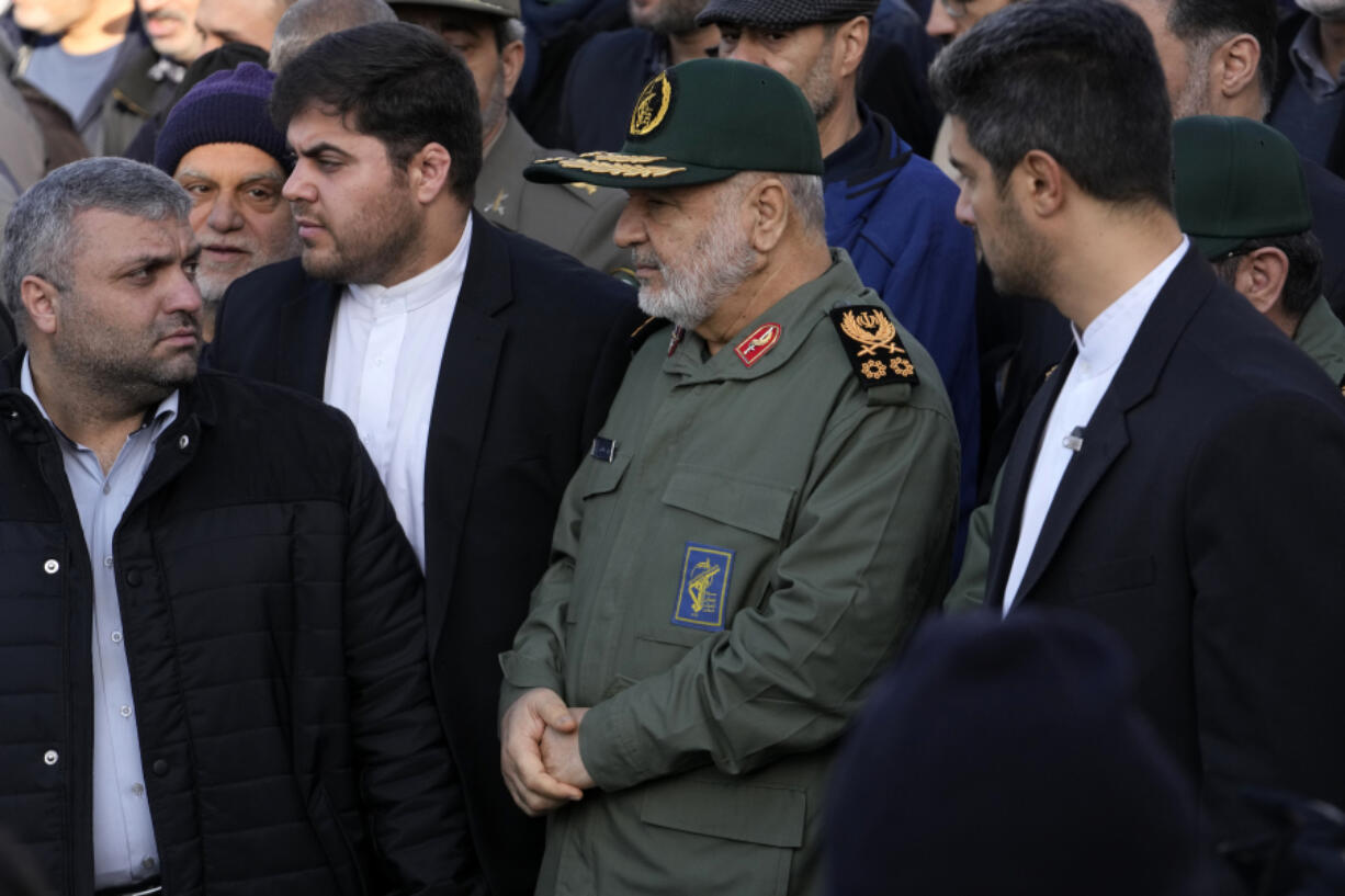 Chief of Iran&rsquo;s paramilitary Revolutionary Guard Gen. Hossein Salami attends the funeral ceremony of the Guard&rsquo;s members, who were killed in an air strike in Syria, in Tehran, Iran, Monday, Jan. 22, 2024. An Israeli strike on the Syrian capital on Saturday destroyed a building used by the Iranian paramilitary Revolutionary Guard, killing at least five Iranians, Syrian and Iranian state media reported.