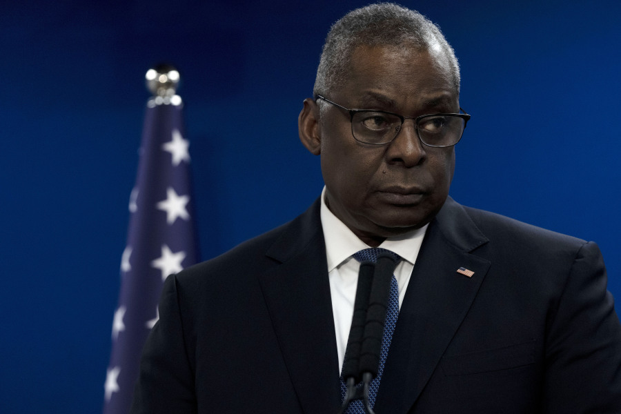 U.S. Secretary of Defense Lloyd Austin makes a joint statement with Israel Minister of Defense Yoav Gallant, after their meeting about Israel&rsquo;s military operation in Gaza, in Tel Aviv, Israel, Monday, Dec. 18, 2023.