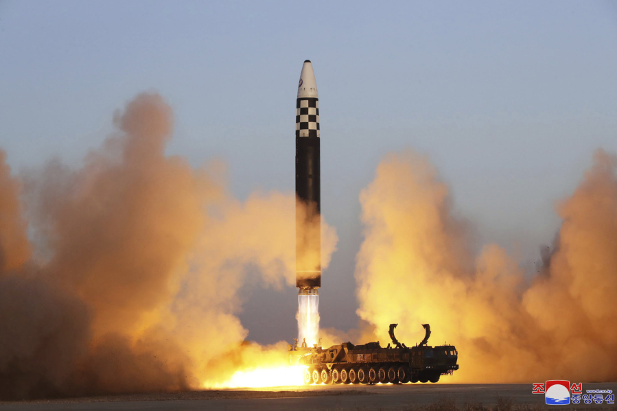 FILE - This photo provided by the North Korean government shows what it says is an intercontinental ballistic missile in a launching drill at the Sunan international airport in Pyongyang, North Korea, on March 16, 2023. Independent journalists were not given access to cover the event depicted in this image distributed by the North Korean government. The content of this image is as provided and cannot be independently verified. Korean language watermark on image as provided by source reads: &ldquo;KCNA&rdquo; which is the abbreviation for Korean Central News Agency.