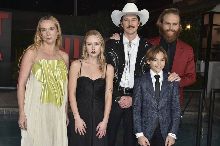 Kerry Condon, from left, Amelie Hoeferle, Bryce McGuire, Gavin Warren and Wyatt Russell attend the premiere of &ldquo;Night Swim&rdquo; on Wednesday, Jan. 3, 2024, in Los Angeles.