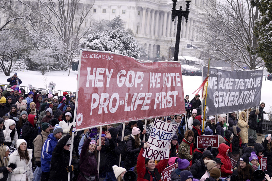 Anti-abortion activists participate in the annual March for Life at Capitol Hill on Friday, Jan. 19, 2024, in Washington.