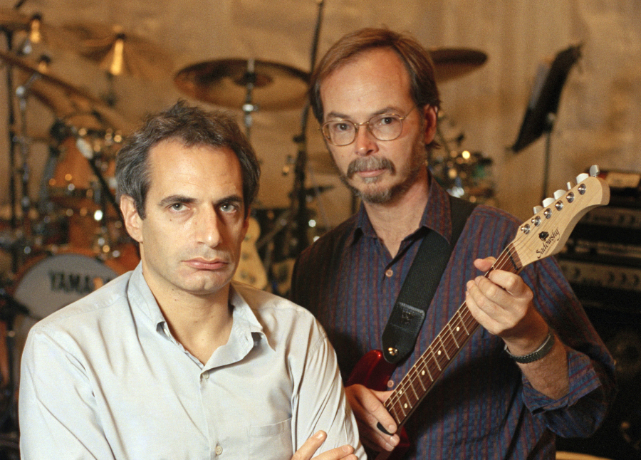 FILE - Donald Fagen, left, and Walter Becker of Steely Dan pose at New York&rsquo;s S.I.R. Studios on Aug. 5, 1993, before a rehearsal for their upcoming tour. Becker died in 2017.  Steely Dan, R.E.M., Timbaland, Hillary Lindsey and Dean Pitchford will be inducted into the Songwriters Hall of Fame. The induction ceremony will be held on June 13 in New York.