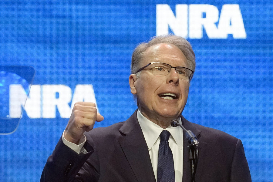 FILE - Wayne LaPierre, CEO and executive vice-president of the National Rifle Association, addresses the National Rifle Association Convention, April 14, 2023, in Indianapolis. The National Rifle Association of America (NRA) announced Friday, Jan 5, 2025, that LaPierre announced he is stepping down from his position as chief executive of the organization, effective Jan.