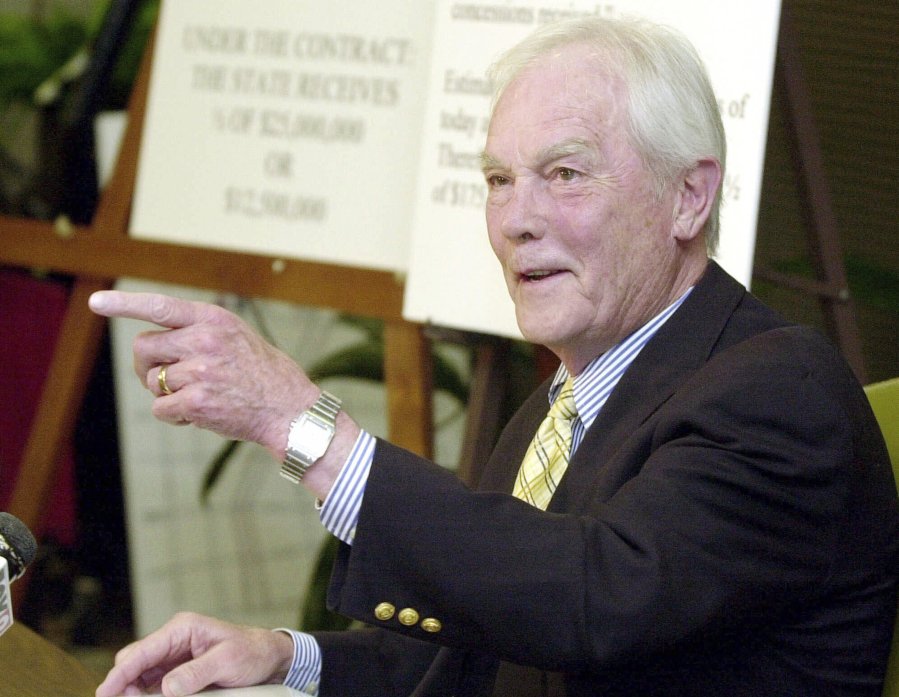 FILE - Orleans Parish District Attorney Harry Connick Sr., answers a question during a news conference in New Orleans, May 25, 2001. Connick Sr., who was New Orleans&rsquo; district attorney for three decades but later faced allegations that his staff sometimes held back evidence, died Thursday, Jan. 25, 2024.