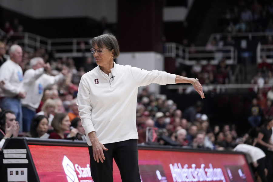 Stanford head coach Tara VanDerveer reacts during the first half of an NCAA college basketball game against Oregon State, Sunday, Jan. 21, 2024, in Stanford, Calif. (AP Photo/Godofredo A.
