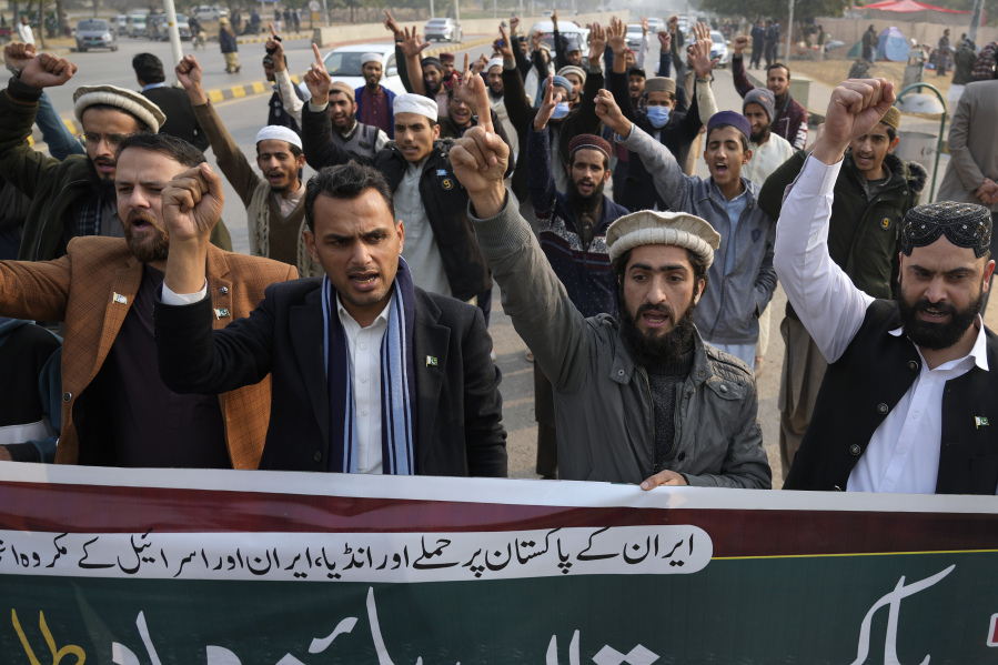 Members of Muslim Talba Mahaz Pakistan chant slogans at a demonstration to condemn Iran strike in the Pakistani border area, in Islamabad, Pakistan, Thursday, Jan. 18, 2024. Pakistan&rsquo;s air force launched retaliatory airstrikes early Thursday on Iran allegedly targeting militant positions, a deadly attack that further raised tensions between the neighboring nations.