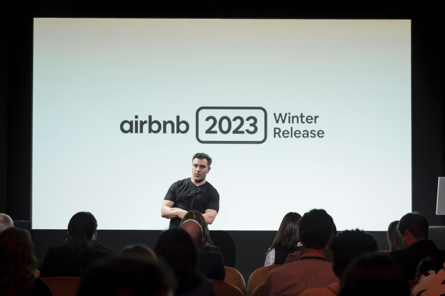 FILE - Airbnb co-founder and CEO Brian Chesky unveils Airbnb&rsquo;s 2023 Winter Release on Nov. 7, 2023, in New York. Airbnb on Tuesday, Jan. 23, 2024, donated a total of $10 million to more than 120 nonprofits in 44 countries on six continents, as the rental giant continued its unusual distribution of $100 million through its Airbnb Community Fund.