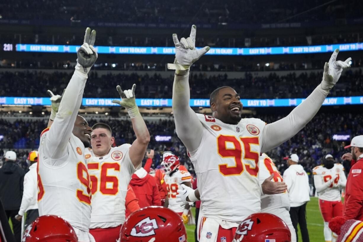 Kansas City Chiefs defensive tackle Chris Jones (95) celebrates winning the AFC Championship NFL football game against the Baltimore Ravens, Sunday, Jan. 28, 2024, in Baltimore.