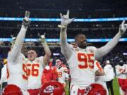 Kansas City Chiefs defensive tackle Chris Jones (95) celebrates winning the AFC Championship NFL football game against the Baltimore Ravens, Sunday, Jan. 28, 2024, in Baltimore.