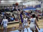 Marley Myers (3) of Columbia River takes a shot in Rivers' 44-41 win over Mark Morris in a 2A Greater St. Helens League girls basketball game at Mark Morris High School on Saturday, Jan. 20, 2024.