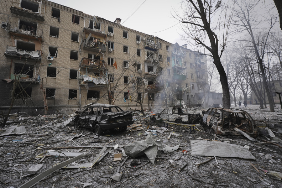 A general view at the site of the Russian rocket attack in Kharkiv, Ukraine, Tuesday, Jan. 23, 2024.