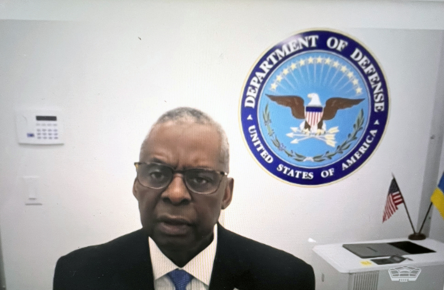 In this Department of Defense video, Defense Secretary Lloyd Austin provides opening remarks at the Ukraine Defense Contact Group, Tuesday,  Jan. 23, 2024 from his home in Great Falls, Va. Austin has been recuperating at home from complications from prostate cancer treatments.