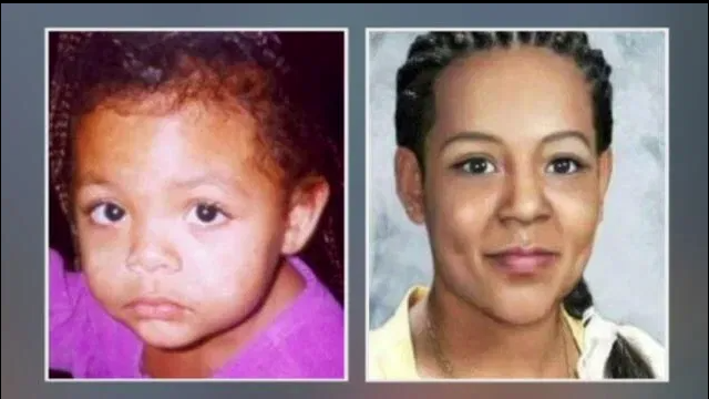 The photo shows Teekah Lewis at age 2 and what she might look like in 2022.