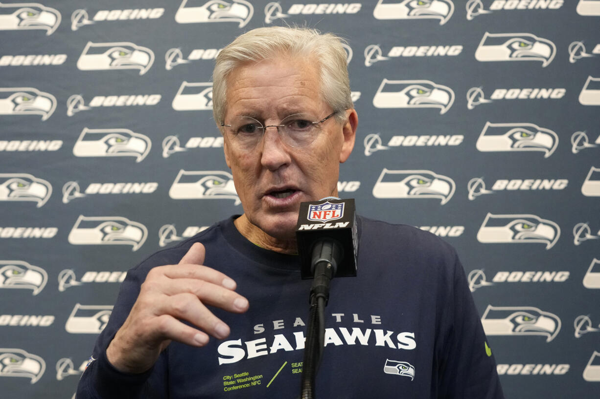 Seattle Seahawks head coach Pete Carroll answers a question during a news conference after an NFL football game against the Arizona Cardinals Sunday, Jan. 7, 2024, in Glendale, Ariz. The Seahawks won 21-20. (AP Photo/Ross D.