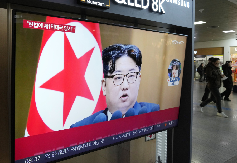 A TV screen shows an image of North Korean leader Kim Jong Un during a news program at the Seoul Railway Station in Seoul, South Korea, Tuesday, Jan. 16, 2024. North Korea has abolished key government organizations tasked with managing relations with South Korea, state media said Tuesday, as authoritarian leader Kim Jong Un said he would no longer pursue reconciliation with his rival.
