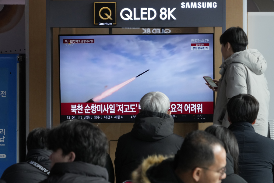 A TV screen shows a file image of North Korea&#039;s missile launch during a news program at the Seoul Railway Station in Seoul, South Korea, Sunday, Jan. 28, 2024. South Korea&#039;s military said Sunday that North Korea fired several cruise missiles that flew over waters near a major military shipyard on the country&#039;s eastern coast, extending a streak in weapons tests that are worsening tensions with the United States, South Korea and Japan.