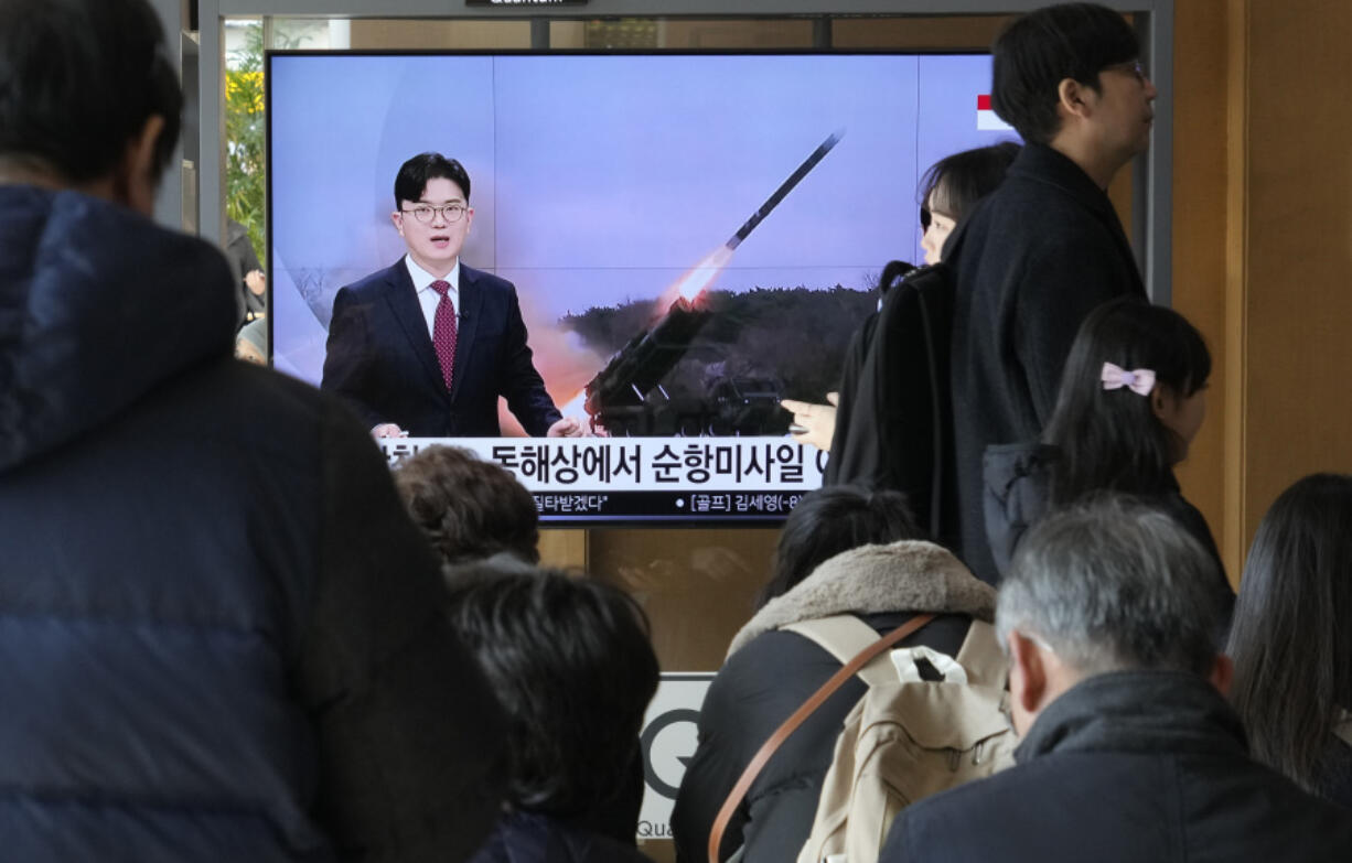 A TV screen shows a file image of North Korea&rsquo;s missile launch during a news program at the Seoul Railway Station in Seoul, South Korea, Sunday, Jan. 28, 2024. South Korea&rsquo;s military said Sunday that North Korea fired several cruise missiles that flew over waters near a major military shipyard on the country&rsquo;s eastern coast, extending a streak in weapons tests that are worsening tensions with the United States, South Korea and Japan.