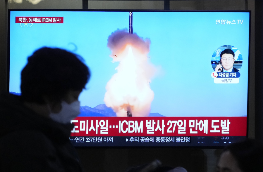 A TV screen shows a file image of North Korea&#039;s missile launch during a news program at the Seoul Railway Station in Seoul, South Korea, Sunday, Jan. 14, 2024. North Korea fired a ballistic missile toward the sea on Sunday, its neighbors said, in its first missile launch this year, as the North is expected to further raise regional animosities in an election year for its rivals South Korea and the United States.