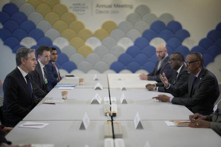 U.S. Secretary of State Antony Blinken, left, attends a meeting with Rwandan President Paul Kagame, right, at the Annual Meeting of World Economic Forum in Davos, Switzerland, Tuesday, Jan. 16, 2024. The annual meeting of the World Economic Forum is taking place in Davos from Jan. 15 until Jan.