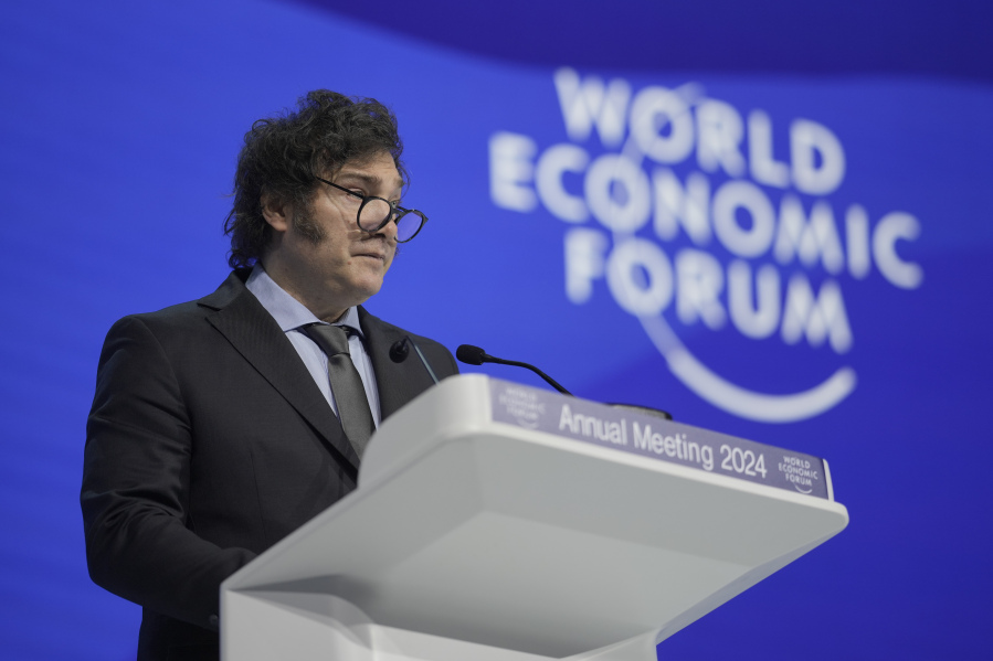 President of Argentina Javier Milei delivers speech at the Annual Meeting of World Economic Forum in Davos, Switzerland, Wednesday, Jan. 17, 2024. The annual meeting of the World Economic Forum is taking place in Davos from Jan. 15 until Jan.