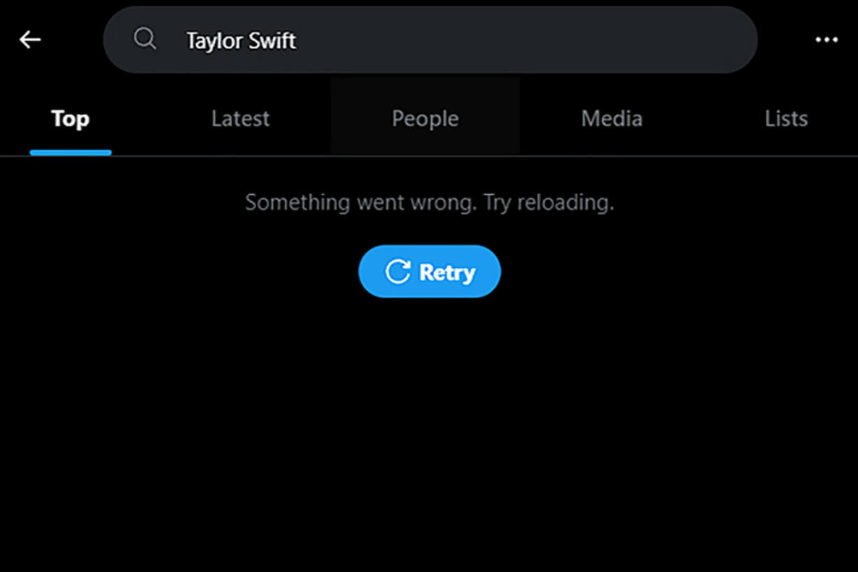 This screenshot made on Monday, Jan. 29, 2024, shows a Taylor Swift search error on social media platform X.