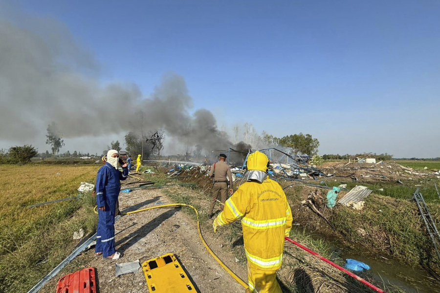 Firefighters work on a cite of an explosion at a firework factory in Suphan Buri province, Thailand, Wednesday, Jan. 17, 2024. The Thai government&rsquo;s disaster relief agency says an explosion at a fireworks factory in central Thailand has killed at least 20 people.