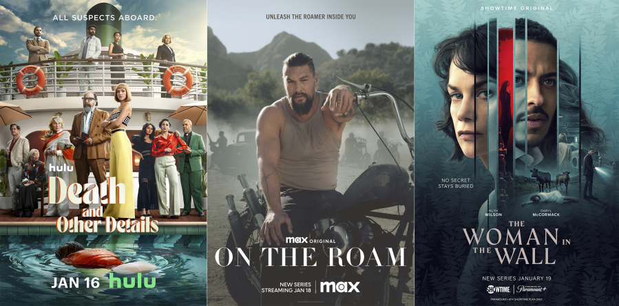 This combination of images shows promotional art for &ldquo;Death and Other Details,&rdquo; premiering Jan 16 on Hulu, left, &ldquo;On the Roam,&rdquo; a Max series premiering Jan. 18, center, and &ldquo;The Woman in the Wall,&rdquo; premiering Jan. 19 on Showtime.