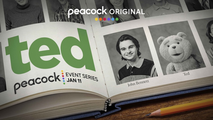 This image provided by Peacock shows promotional art for the series &ldquo;TED&rdquo; premiering Jan. 11 on Peacock. Seth MacFarlane revives his filthy teddy bear character with a Boston accent named Ted in a new series for Peacock. &ldquo;Ted&rdquo; the show, is a prequel to the films starring Mark Wahlberg with Max Burkholder (&ldquo;Parenthood&rdquo;) as a teenage John Bennett in high school, with his best friend Ted by his side.