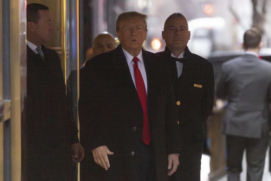 Former President Donald Trump leaves his apartment building, Friday, Jan 26, 2024, in New York.  Closing arguments are to begin Friday in the defamation case against Trump a day after the former president left a New York courtroom fuming that he hadn&rsquo;t been given an opportunity to refute E. Jean Carroll&rsquo;s sexual abuse accusations.