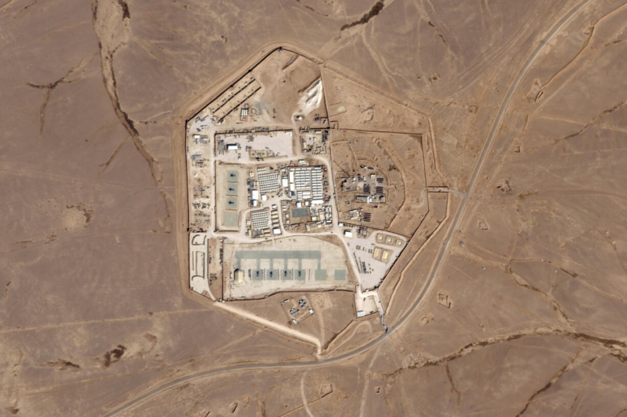 This satellite photo from Planet Labs PBC shows a military base known as Tower 22 in northeastern Jordan, on Oct. 12, 2023. Three American troops were killed and &ldquo;many&rdquo; were wounded Sunday, Jan. 28, 2024, in a drone strike in northeast Jordan near the Syrian border, President Joe Biden said. He blamed Iran-backed militia groups for the first U.S. fatalities after months of strikes against American forces across the Middle East amid the Israel-Hamas war. U.S. officials identified Tower 22 as the site of the attack.