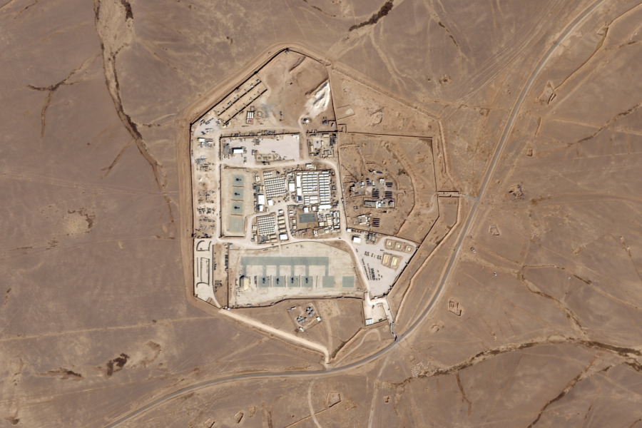 This satellite photo from Planet Labs PBC shows a military base known as Tower 22 in northeastern Jordan, on Oct. 12, 2023. Three American troops were killed and &quot;many&quot; were wounded Sunday, Jan. 28, 2024, in a drone strike in northeast Jordan near the Syrian border, President Joe Biden said. He blamed Iran-backed militia groups for the first U.S. fatalities after months of strikes against American forces across the Middle East amid the Israel-Hamas war. U.S. officials identified Tower 22 as the site of the attack.