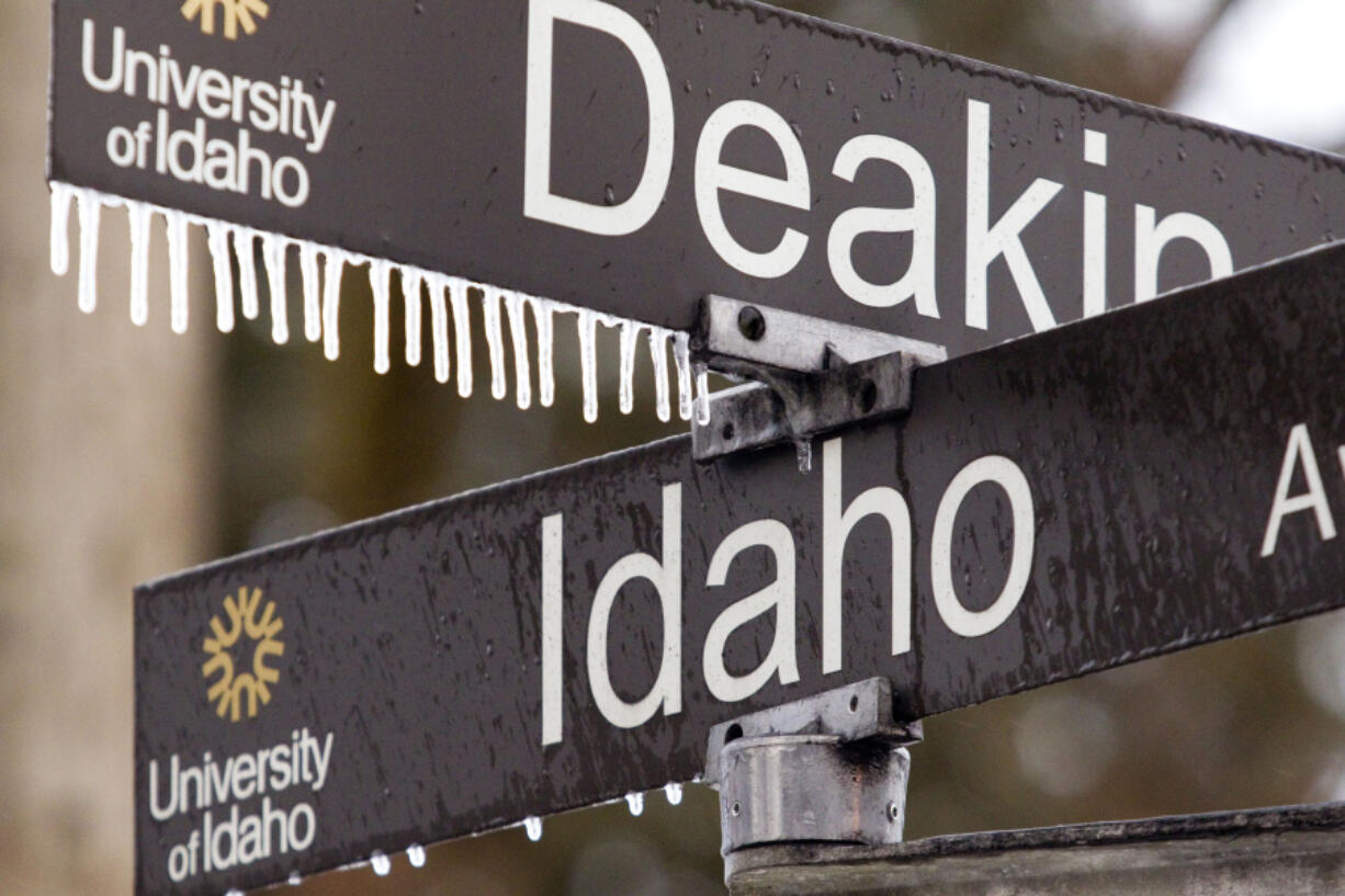 FILE - Icicles hang from a street sign at the University of Idaho, Wednesday, Jan. 18, 2017, in Moscow, Idaho. A judge in Idaho has rejected an open meetings lawsuit late Tuesday, Jan. 30, 2024, against the State Board of Education, a ruling that could mean a major breakthrough for the University of Idaho&#039;s controversial bid to purchase the University of Phoenix, a private online school, for nearly $700 million.